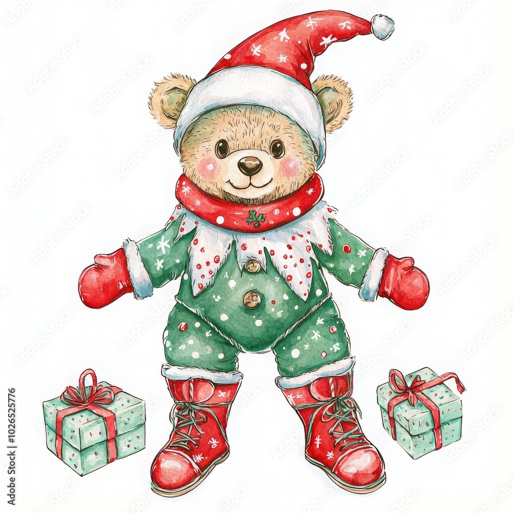Adorable teddy bear dressed in a festive elf costume, perfect for cheerful holiday themes. Ideal for seasonal decorations and children's products. Adorable teddy bear dressed in a festive elf costume, perfect for cheerful holiday themes. Ideal for seasonal decorations and children's products.