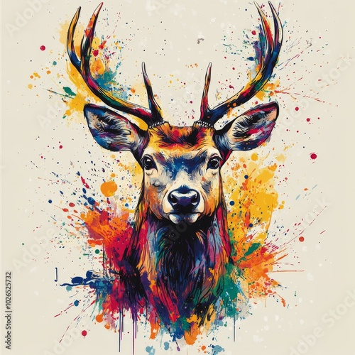 A colorful deer head portrait surrounded by vibrant splashes of paint on a li...