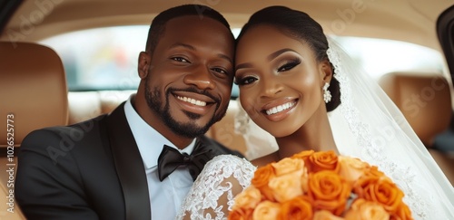 Happy couple in classic car holding vibrant orange bouquet on wedding day out...