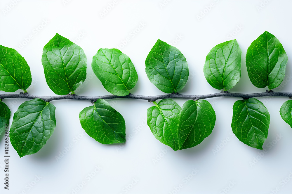 A sleek arrangement of lush green leaves stretches elegantly along a twig, highlighting natures intricate design. This composition reflects tranquility and harmony found in the outdoors A sleek arrangement of lush green leaves stretches elegantly along a twig, highlighting natures intricate design. This composition reflects tranquility and harmony found in the outdoors
