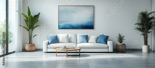 Stylish modern living room featuring a white couch and blue accents in a brig...
