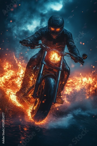 A rider speeds through flames on a motorcycle at night in a dramatic display of speed and power photo