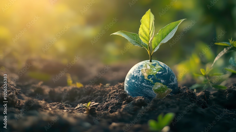 A small plant sprouts from the top of a globe, representing the growth and renewal of the Earth. A small plant sprouts from the top of a globe, representing the growth and renewal of the Earth.