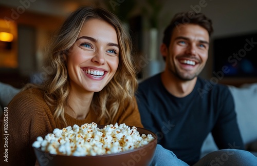 Couple enjoying a cozy movie night together with popcorn in a warmly lit livi...