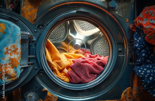 Colorful laundry spinning in a washing machine during a bright afternoon at home