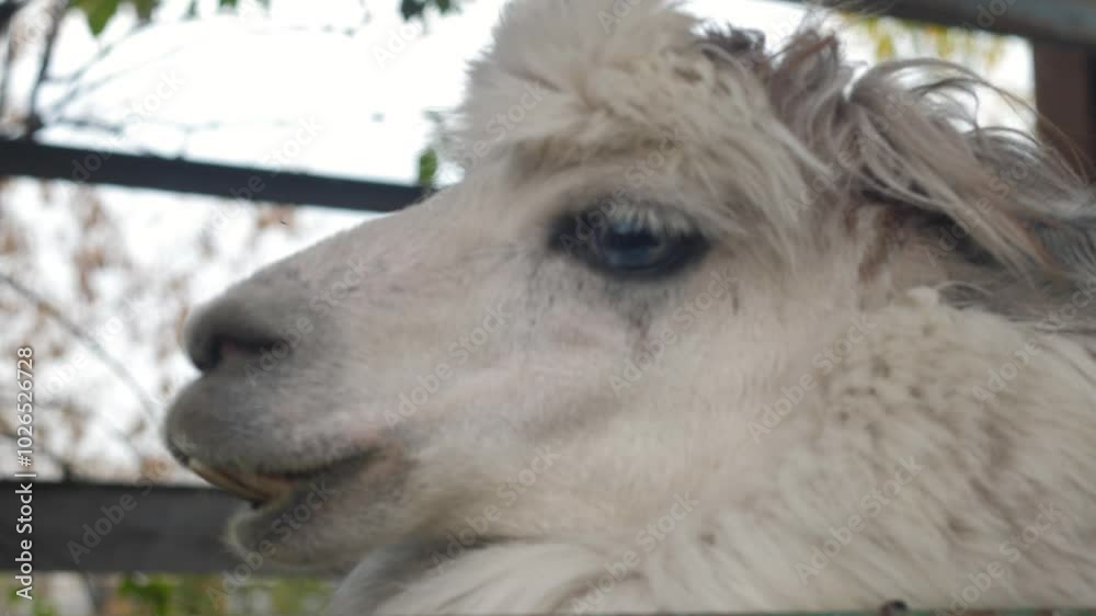 head of alpaca animal looking at camera, white adult alpaca in zoo peeking out from behind fence head of alpaca animal looking at camera, white adult alpaca in zoo peeking out from behind fence