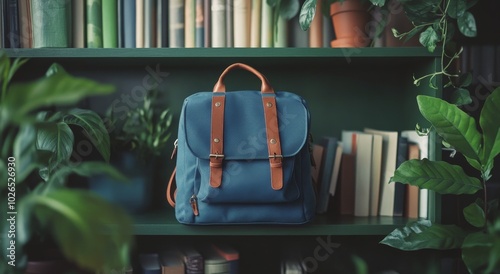 Stylish blue backpack on a bookshelf surrounded by plants and books in a cozy...