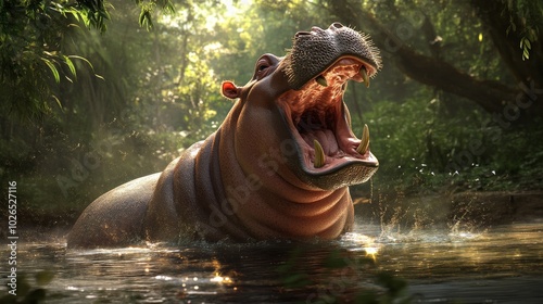 A hippo is in the water, with its mouth open and teeth bared. The scene is set in a lush, green forest, with sunlight filtering through the trees. Scene is one of wildness and freedom photo