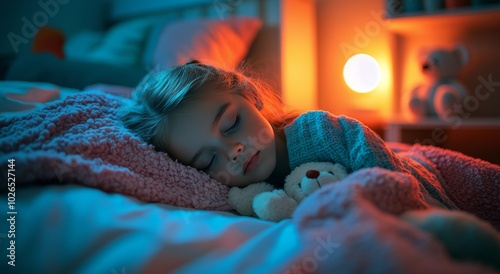 A young girl peacefully sleeps in her cozy bedroom with a teddy bear by her side