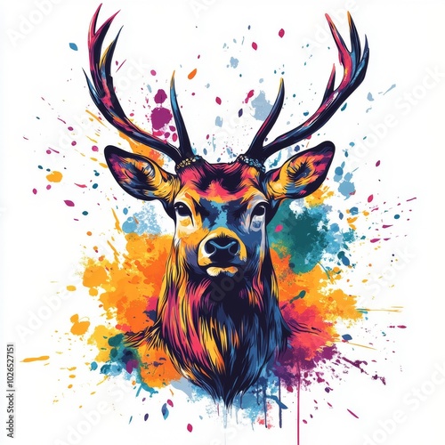 A colorful deer head portrait surrounded by vibrant splashes of paint on a li...