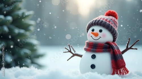 Snowman in a hat and scarf surrounded by snow and christmas tree, symbol of winter and Christmas holidays .For New Year, Christmas cards. Christmas banner background 