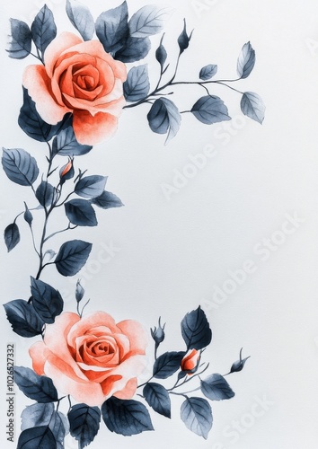 Soft pink roses and green leaves frame a blank space on a light background fo...