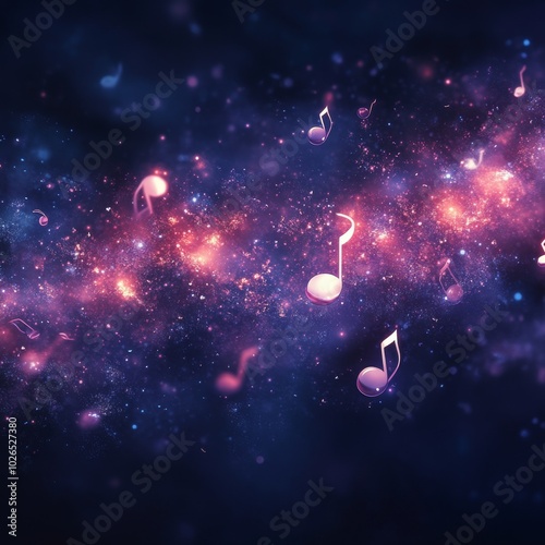 Colorful musical notes swirling through a cosmic background with vibrant hues...