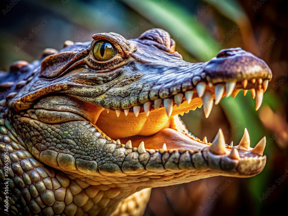 Obraz premium A striking closeup of a crocodile showcases its sharp teeth and vibrant eye, perfect for capturing the raw beauty and fierce nature of wildlife