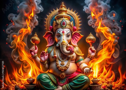 A striking Ganesha statue emerges from fierce flames, its divine form illuminated, casting captivating shadows that evoke power and reverence in photo