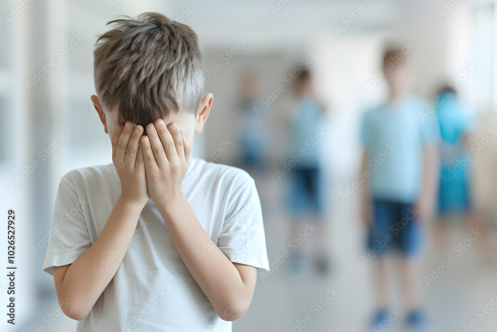Upset Boy Covering His Face with Hands While Standing Alone in School | Capturing Emotions of Isolation and Disappointment in Education Upset Boy Covering His Face with Hands While Standing Alone in School | Capturing Emotions of Isolation and Disappointment in Education
