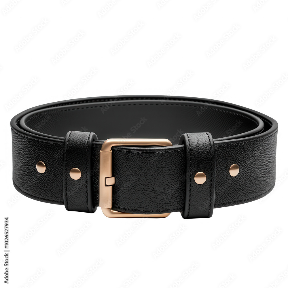 Stylish black leather belt with a gold buckle, isolated on a white background. Stylish black leather belt with a gold buckle, isolated on a white background.