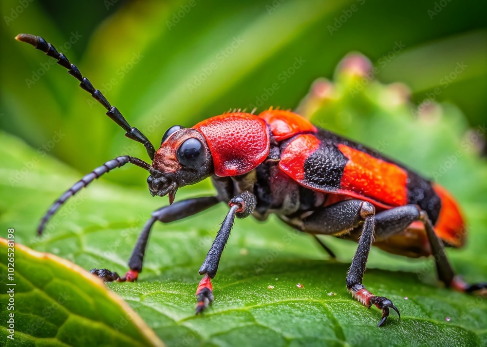 Fascinating Long Red and Black Insect Crawling on Green Leaves in Nature's Habitat