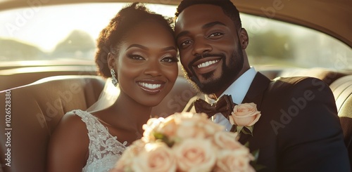 A joyful couple celebrates their wedding day inside a vintage car during gold...