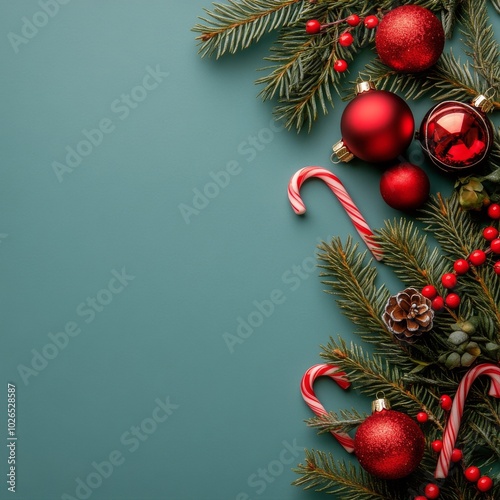 Festive holiday decorations with red ornaments and candy canes on a teal back...