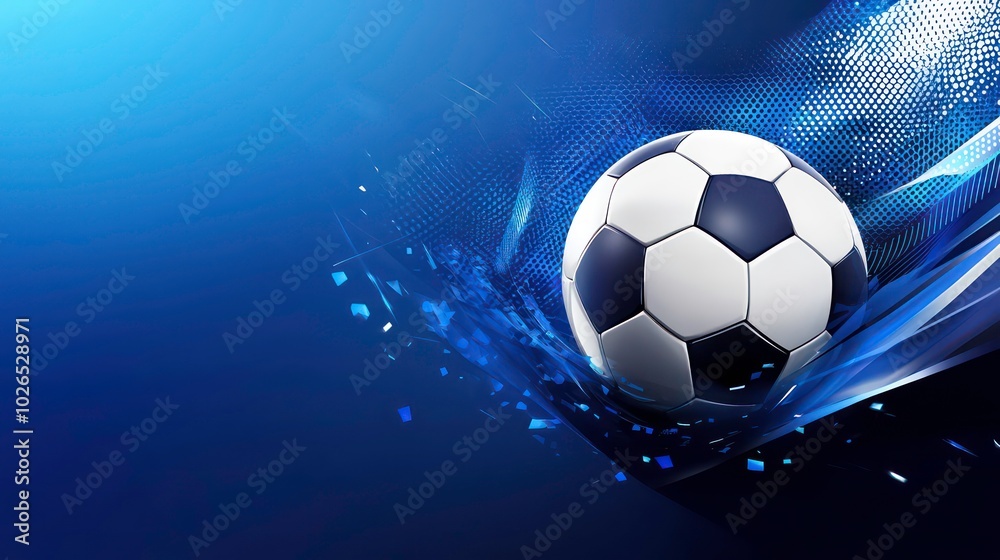 Naklejka premium A close-up of a classic black and white soccer ball in motion against a blue background with streaks of light and a grid pattern.