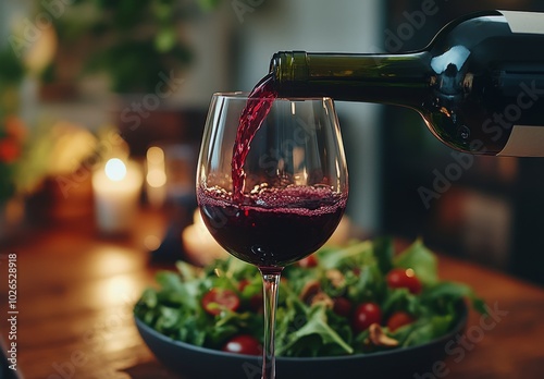 Pouring red wine into a glass beside a fresh salad during a cozy dinner gathe...