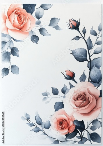 Soft pink roses and green leaves frame a blank space on a light background fo...