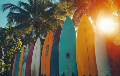 Colorful surfboards lined up against a backdrop of palm trees at sunset by th...