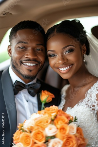 A joyful couple celebrating their wedding day with vibrant orange flowers and...