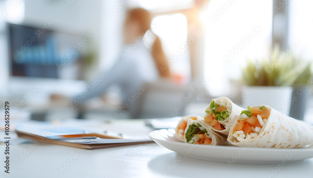 Chicken and Vegetable Salad Roll on Office Desk | Healthy Lunch Idea for Busy Professionals Chicken and Vegetable Salad Roll on Office Desk | Healthy Lunch Idea for Busy Professionals