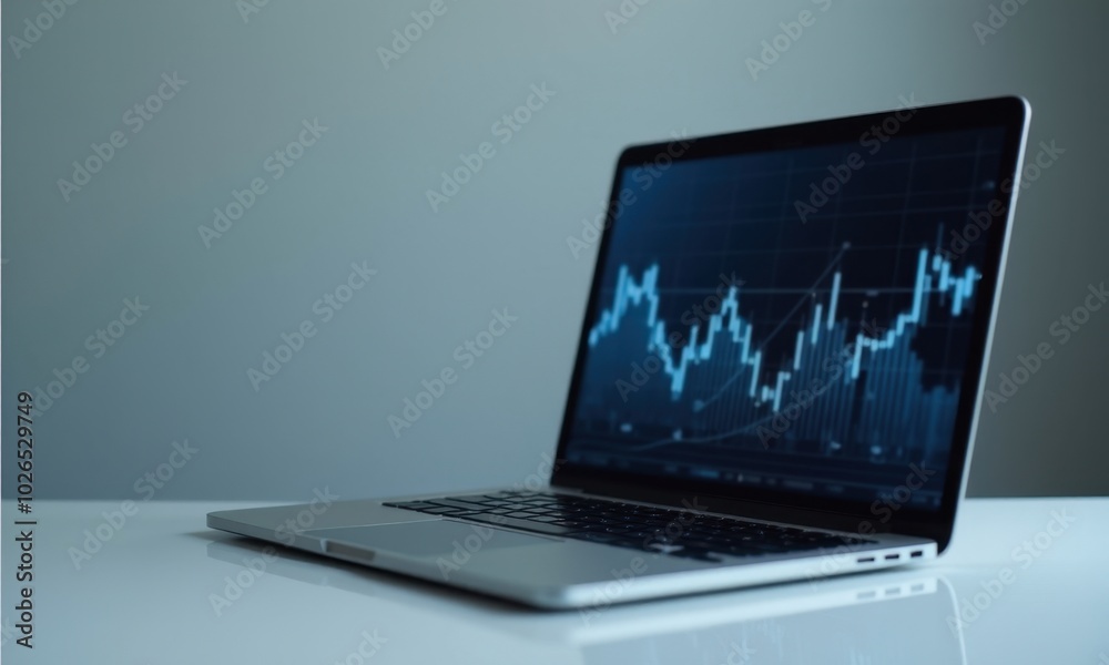 Fototapeta premium Financial dashboard with data trends displayed on a laptop.