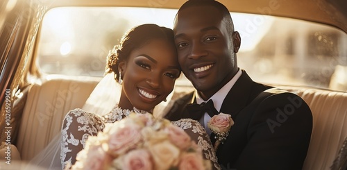 A joyful couple celebrates their wedding day inside a vintage car during gold...