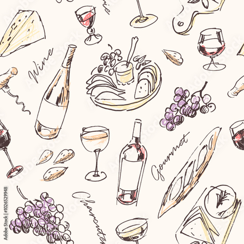 Seamless pattern, wine and cheese sketched illustrations, gourmet concept background