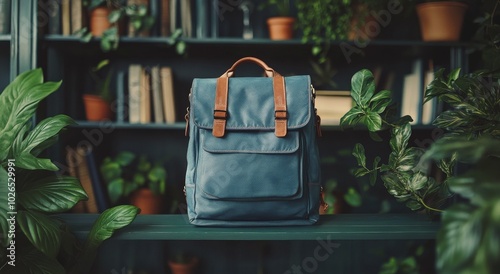 Stylish blue backpack on a bookshelf surrounded by plants and books in a cozy...