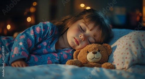 A young girl peacefully sleeps with her teddy bear in a cozy bedroom during n...