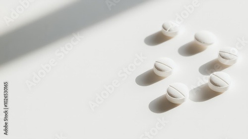 A few anti-histamine tablets scattered on a clean white surface.  photo