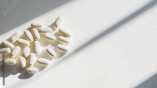 A few anti-histamine tablets scattered on a clean white surface.  photo