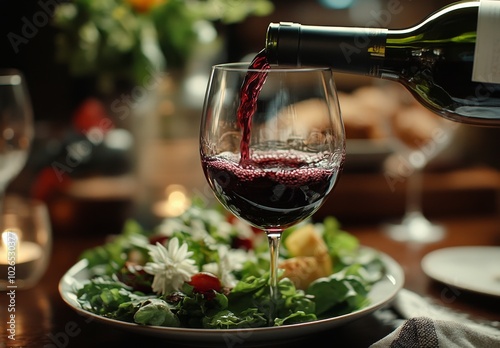 Pouring red wine into a glass beside a fresh salad during a cozy dinner gathe...