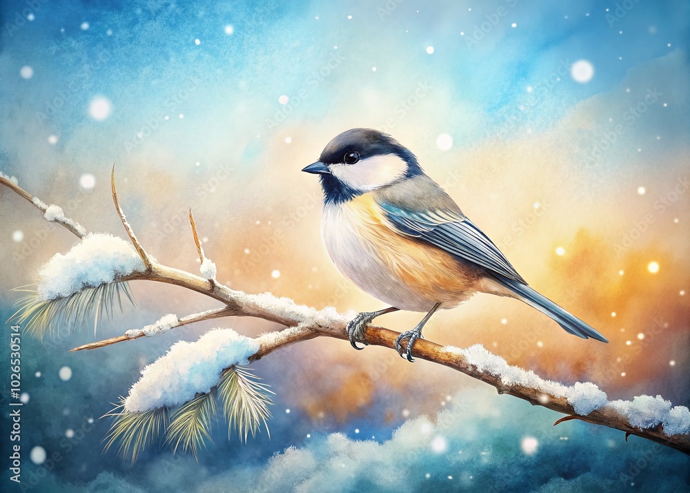 Obraz premium A tranquil winter watercolor bird illustration captures a cozy nature scene, featuring soft colors, snow-covered landscapes, and the serene beauty of