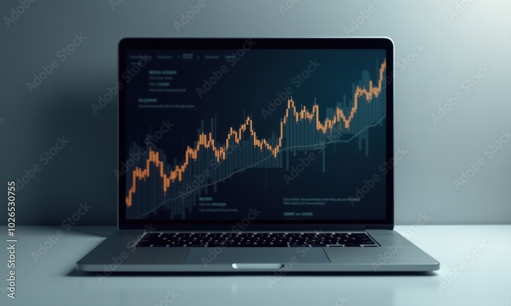 Business laptop showing a positive upward financial trend. Business laptop showing a positive upward financial trend.