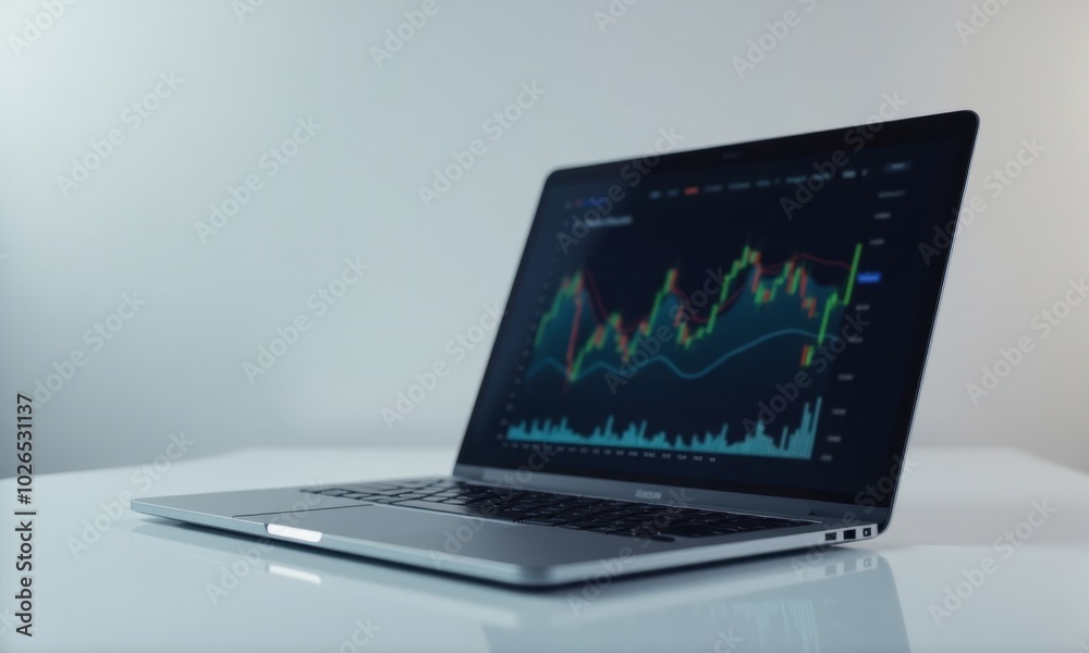 Financial performance data on a laptop with blue graphs. Financial performance data on a laptop with blue graphs.