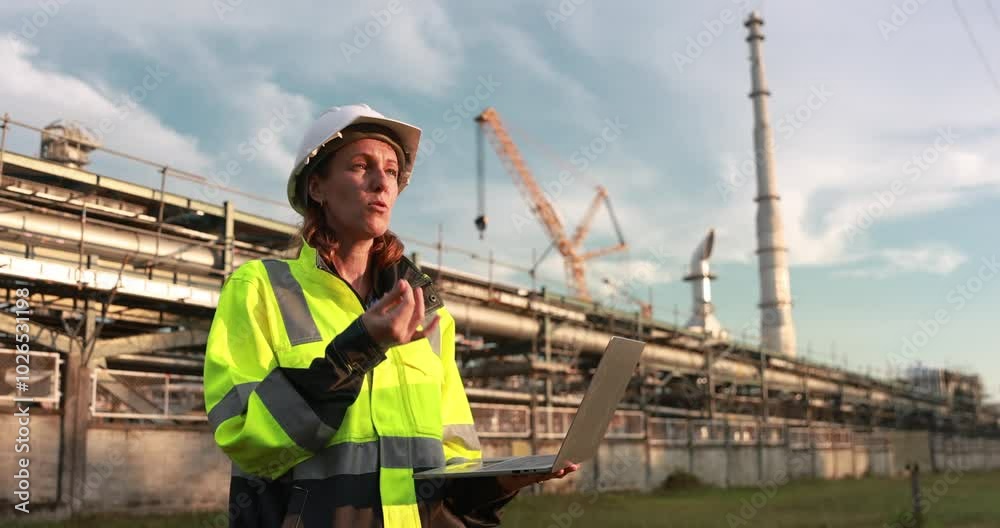 A female Construction worker in a safety helmet on an industrial site with a crane and building of a petrochemical site  in the background