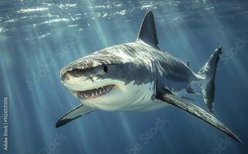 Great white shark gracefully swimming in clear ocean waters during daylight h...