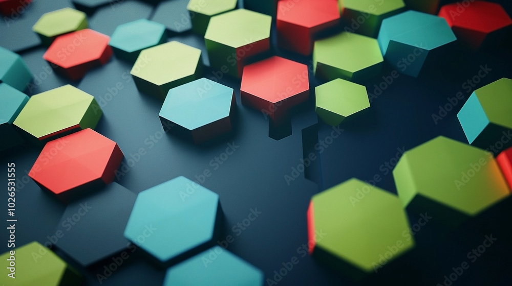 Vibrant Symmetrical Stream of Pastel Hexagons on Navy Blue Background Vibrant Symmetrical Stream of Pastel Hexagons on Navy Blue Background