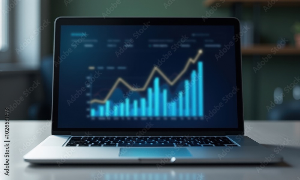 Financial dashboard with data trends displayed on a laptop.