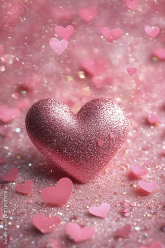 A sparkling pink heart surrounded by smaller heart shapes on a glittery pink background