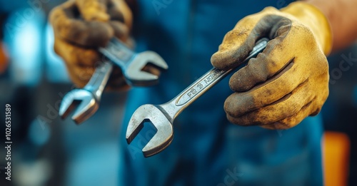 Skilled worker demonstrating expertise with wrenches in a busy workshop envir...