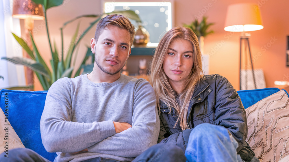 young couple sitting on the sofa in living room background 