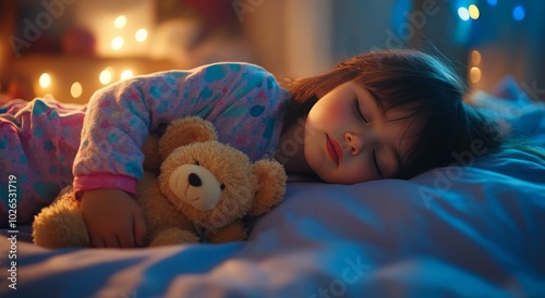 A young girl peacefully sleeps with her teddy bear in a cozy bedroom during n...