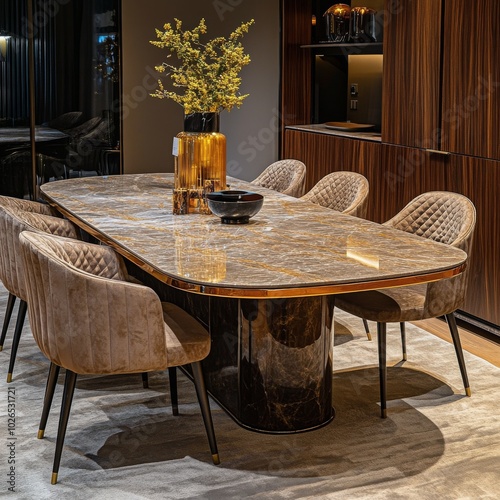 Elegant dining table setup in a modern interior with comfortable velvet chair...
